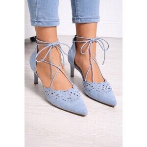 CHRISTIAN SIRIANO  Shoes PAYLESS  Suede Blue Strappy Lace Up HIGH Pumps Heels 10